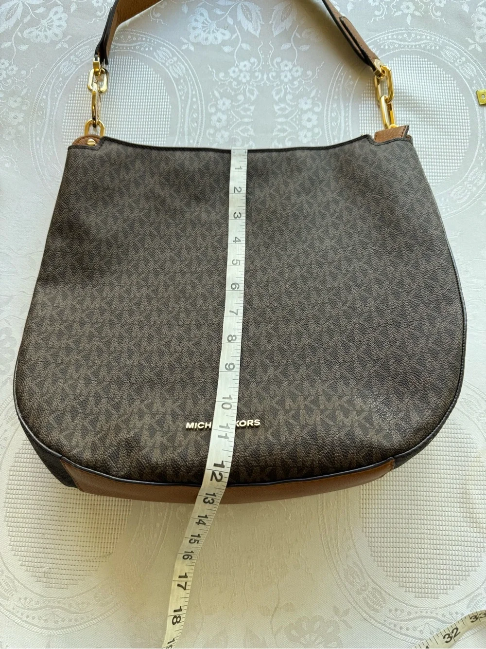 Michael Kors MK Brooke Brown Monogram Shoulder Hobo Bag with Gold-Tone Hardware